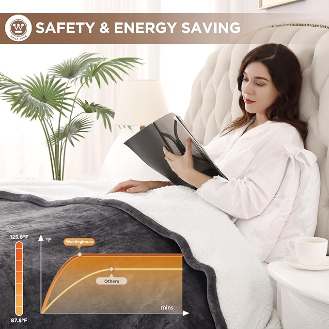 Westinghouse Heated Blanket Twin Size, Soft Flannel to Sherpa Electric Blanket with 10 Heating Levels, 12 Hours Auto Off, Fast Heating, Machine Washable, 62x84 Inch, Charcoal