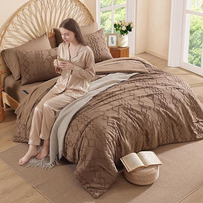 Queen Comforter Set Brown, Tufted Geometric Boho Bedding Farmhouse Bed Set, All Season 7 Pieces Bed in a Bag with Sheets, Pillowcases & Shams