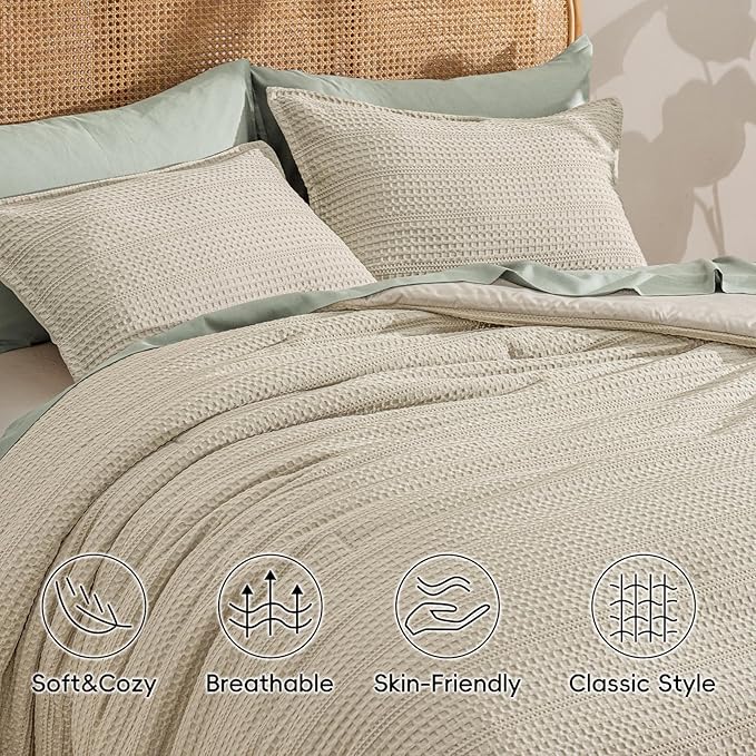 PHF Soft Waffle Comforter Set Twin Size- Comfy Breathable Waffle Weave Comforter with 1 Pillow Shams, 2 Pieces Less Snagging Lightweight Textured Bedding Set for All Season, Natural/Linen