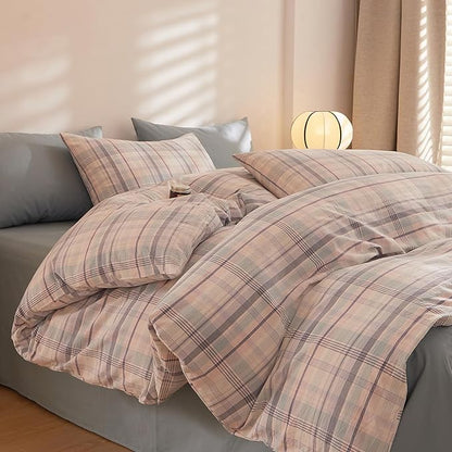 HighBuy Gingham Comforter Set King Blue Pink Grid Plaid Comforter Set Soft Fluffy Checkered Pattern Comforter with 2 Pillowcases for Women Girls Farmhouse Gingham Grid Bedding Comforter Set