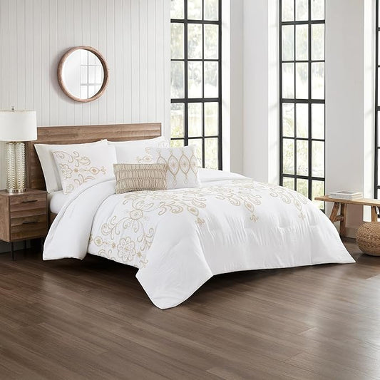 Modern Threads Sabrina Embroidered Comforter Set – 5 Piece White Bed Set with Gold Detailing, Decorative Pillows & Shams, Luxuriously Soft Jacquard Bedding, King