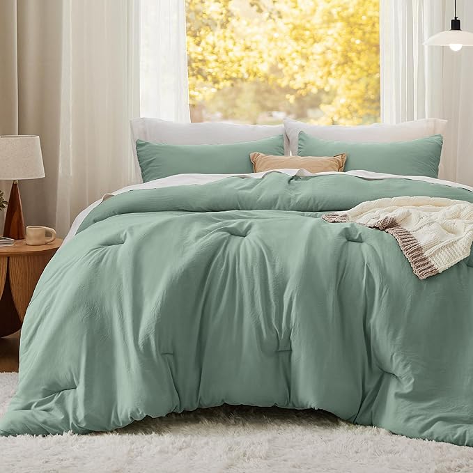 Bedsure Full Comforter Set, Sage Green Soft Prewashed Bedding for All Seasons, 3 Pieces GentleSoft™ Bed Set, 1 Lightweight Comforter (82"x86") and 2 Pillowcases (20"x26")