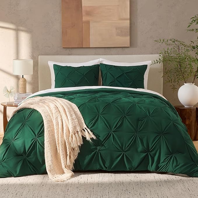 Andency California King Comforter Set Dark Green (104x96Inch), Pinch Pleat Cal King Comforter Set 3 Pieces, Oversized King Pintuck Bed Comforter, Microfiber Down Alternative Comforter Bedding Set