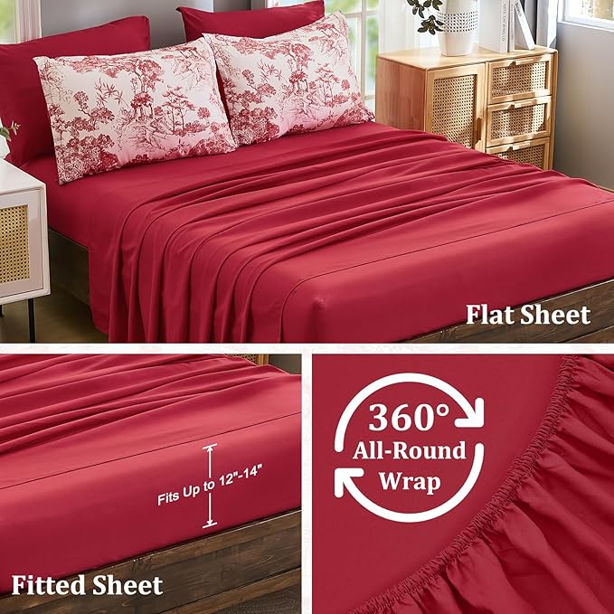 DJY King Size Comforter Set, Red 7 Pieces Bed in a Bag King Botanical Comforters with Sheets Elegant Plants Print Christmas Soft Microfiber Reversible Complete Bedding Sets for All Season