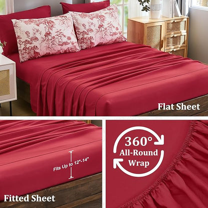 DJY King Size Comforter Set, Red 7 Pieces Bed in a Bag King Botanical Comforters with Sheets Elegant Plants Print Christmas Soft Microfiber Reversible Complete Bedding Sets for All Season