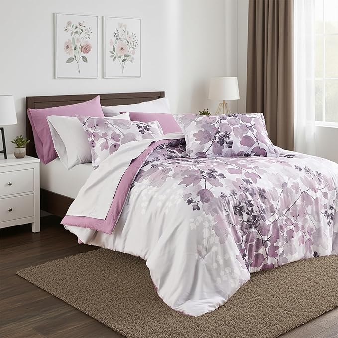 Full Comforter Set Purple Bed Set, 9 Pieces Cute Floral Bedding Set Ultra Soft Botanical Flowers Comforter, Sheets, Pillowcases & Shams