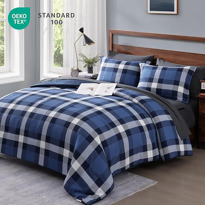 MaiRêve Full Size Plaid Comforter Set Indigo Blue, Classic Checkered 7 Pieces Bedding Set for Boys Girls Teen, All Season Lightweight Bed in A Bag with Sheets, Pillowcases & Shams