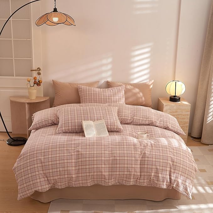 HighBuy Queen Comforter Set Geometric Pink Checkered Pattern Comforter Grid Plaid Gingham Bedding Comforter Set Fluffy Soft Lightweight Bedding 3 Pieces Grid Bed Comforter with 2 Pillowcases