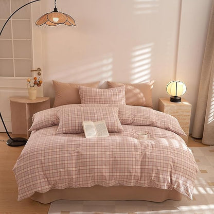 HighBuy Queen Comforter Set Geometric Pink Checkered Pattern Comforter Grid Plaid Gingham Bedding Comforter Set Fluffy Soft Lightweight Bedding 3 Pieces Grid Bed Comforter with 2 Pillowcases