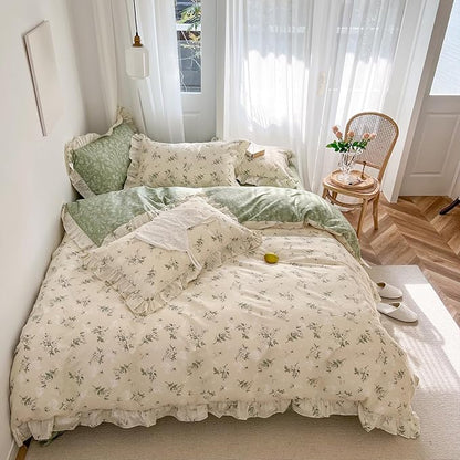 mixinni Cottagecore Floral Comforter Set King Size - 3 Piece Soft Reversible Ruffled Lace Botanical Duvet Cover with Pillow Shams, Light Beige & Green Leaf Print, Spring Bedding for Girls