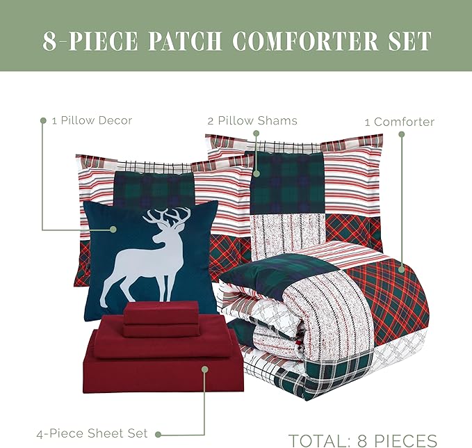 Elegant Comfort 8-Piece Cabin Lodge Patch Reversible Comforter Set - All Season Bed in a Bag, 4-Piece Sheet Set Featuring Smart Pockets, Matching Shams and Decorative Pillow, Twin/Twin XL, Burgundy