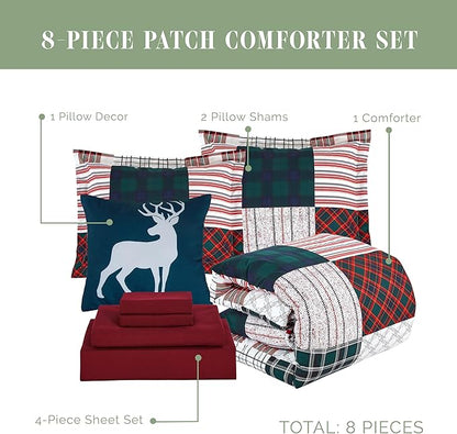 Elegant Comfort 8-Piece Cabin Lodge Patch Reversible Comforter Set - All Season Bed in a Bag, 4-Piece Sheet Set Featuring Smart Pockets, Matching Shams and Decorative Pillow, Full/Queen, Burgundy