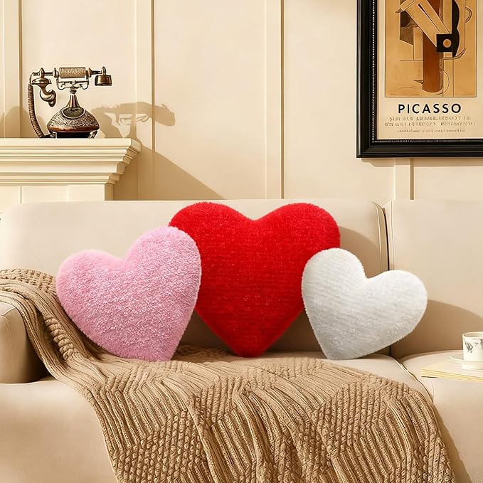 Bucherry 3 Pcs Valentine's Day Heart Throw Pillows, Red White Pink Heart Pillow Soft Decorative Back Cushion for Girls Women Bed Sofa Valentines Wedding Gifts Home Decor(Plush,Without Ruffed)