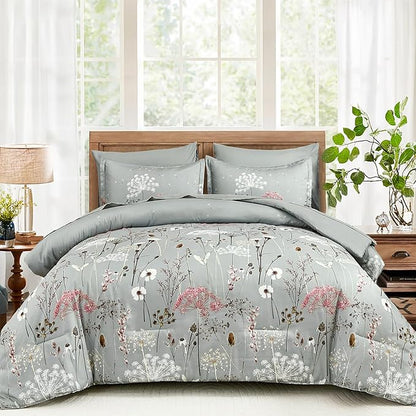 Yiran Grey Floral Comforter Set King Size, 7 Piece Spring Dandelion Plant Botanical Comforter Bedding Set, Bed in a Bag King, Soft Microfiber Complete Bedding Set with Sheets for All Season