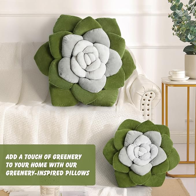 Flower Throw Pillow - 17.8" Plant Shaped Cushion, Soft Plush Decorative Pillow for Bedroom & Living Room, Unique Green Design, Home Decor Accen