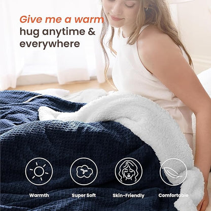 Heated Blanket Electric Blanket Full Waffle,72x84 Inches Sherpa Fleece Fast Heating Blanket 6 Heating Levels & 10 Hours Auto Off ETL Certification, Navy Full