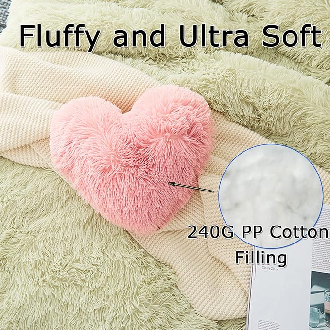 MorroMorn Fluffy Heart Throw Pillows, Shaggy Decorative Pillow for Sofa Couch Bed, Cute Room Decor Decorations for Women Girls Kids (Pink)