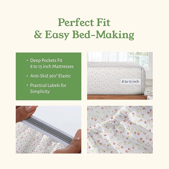 California Design Den King Floral Sheet Set, 100% Organic Cotton Percale Sheets, Deep Pocket King Sheets & Pillowcase Set - Floral