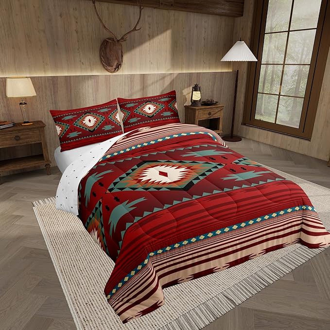Feelyou Red Rustic Western Comforter Set Southwest Native Tribal Twin Size Bedding Set for Kids Boys Girls Geometric Boho Comforter Soft Microfiber West Bedroom Decor