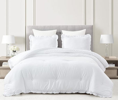 Chezmoi Collection Nora White Comforter Set Ovesized King 3-Piece Fluffy Soft Stone-Washed Ruffled Shabby Chic Bedding for All Season