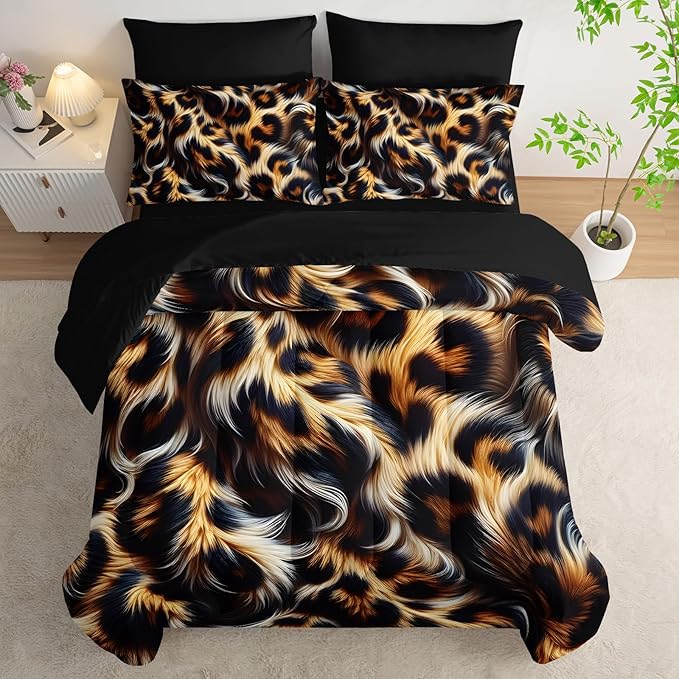 7 Piece Leopard/Cheetah Zebra Print King Size Comforter and Sheets Set，Leopard Print Bedding Set King，(1 Comforter, 1 Flat Sheet, 1 Fitted Sheet, 2 Pillowcase and 2 Pillow Sham)