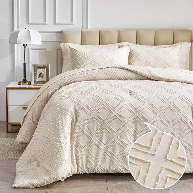 7 Pieces Tufted Bed in a Bag King Comforter Set with Sheets Beige, Soft and Embroidery Shabby Chic Boho Bohemian, Luxury Solid Color with Diamond Pattern, Jacquard Tufts Bedding Set for All Season