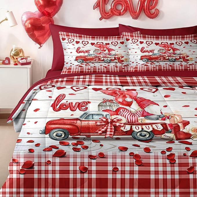 Nesker 7 Pcs Valentine's Day Comforter Set Queen Size, Romantic Heart Truck Bedding Set for Kids and Adults, Sweet Love Gnomes Sheets Bed Sheet Sets with Fitted Sheet 2 Pillowcases & 2 Shams