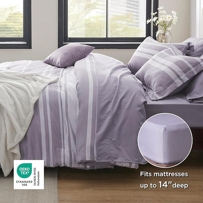 Bedsure Queen Comforter Set 7 Pieces, Purple Striped Bedding Set for All Seasons, Reversible, Cationic Dyeing Bed in a Bag with Comforter, Sheets, Pillowcases & Shams