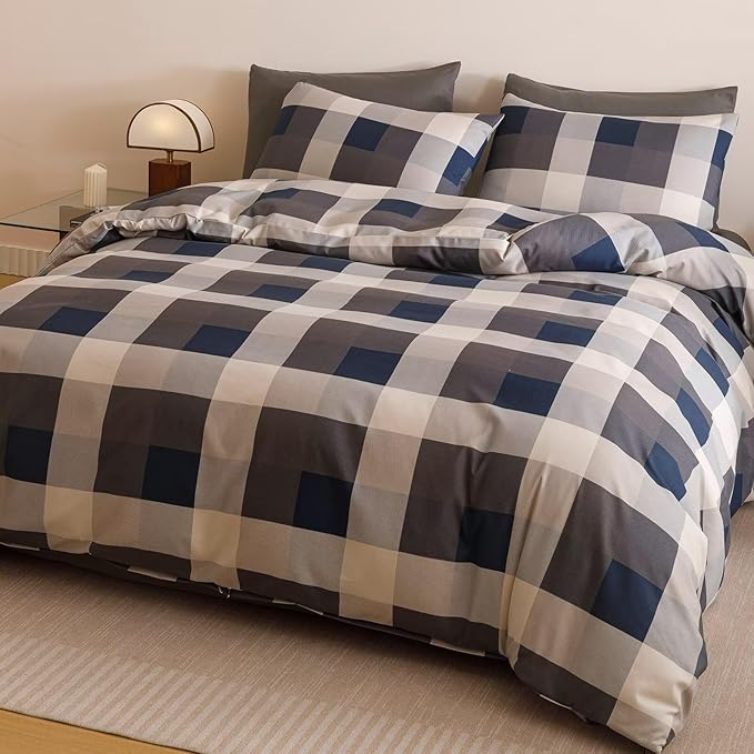 Houseri Blue Plaid Comforter Set King Vintage Grid Bedding Sets