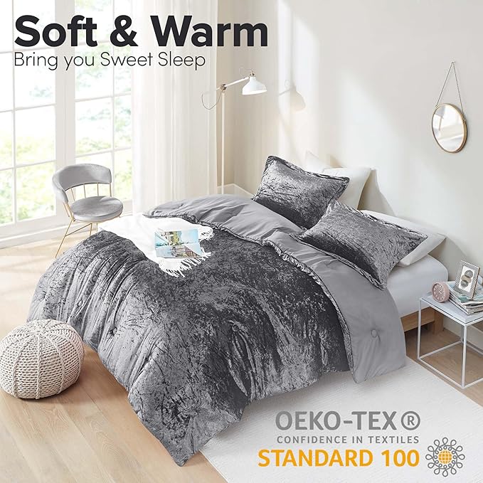 Comfort Spaces Juliette Luxe Comforter Set Velvet Lush with Soft Brushed Microfiber Reverse, All Season Cozy Velvet Bedding Sets, Fluffy Comforter Bed Set, Matching Sham, Grey Full/Queen 3 Piece