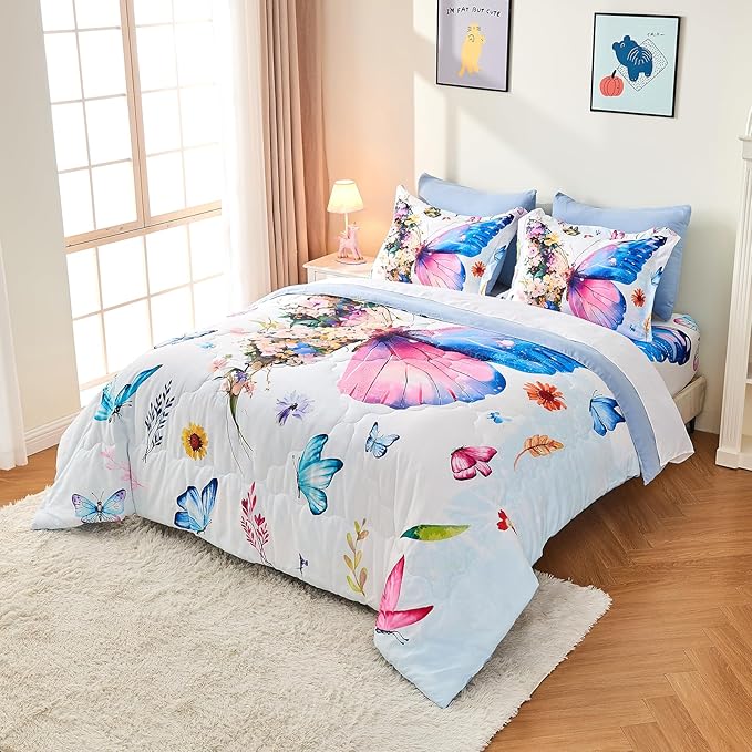 7 Piece Butterfly Comforter Set Full Size 3D Colorful Floral Butterflies Bedding Set for Kids Girls Women for Birthday