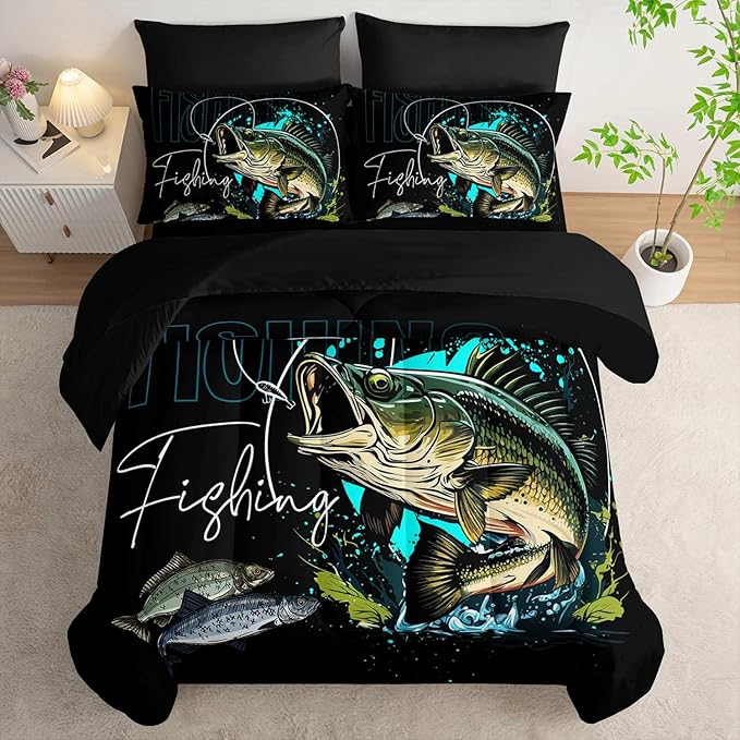 Big Pike Fish Bedding Set, Queen Size, 7 Piece, Brown Green Fishing, Fishing Bedding Set Themed Comforter Set for Kids Boys Room Decor