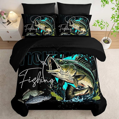 Big Pike Fish Bedding Set, Queen Size, 7 Piece, Brown Green Fishing, Fishing Bedding Set Themed Comforter Set for Kids Boys Room Decor