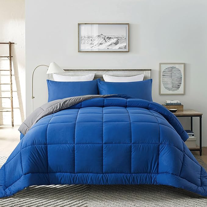 DOWNCOOL Blue/Grey Full Size Comforter Set - All Season Bedding with 2 Pillowcases - 3 Pieces Bed Set Down Alternative Comforter Set