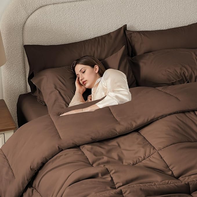 Anluoer Queen Comforter Set 7 Piece, Brown Bed in a Bag with Comforters, Pillow Shams, Pillowcases, Flat Sheet, Fitted Sheet