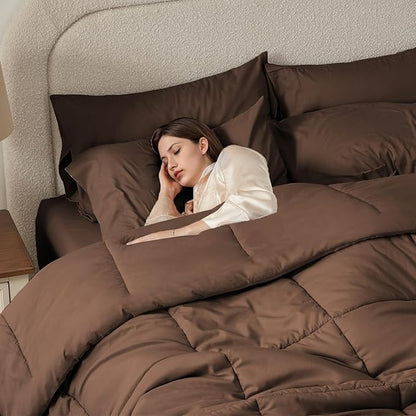 Anluoer Queen Comforter Set 7 Piece, Brown Bed in a Bag with Comforters, Pillow Shams, Pillowcases, Flat Sheet, Fitted Sheet