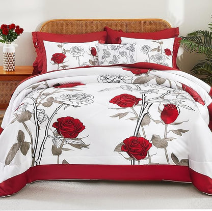 EVENHUG Queen Comforter Set 7 Pieces Lightweight Soft Queen Size Comforters for All Season Red Rose Floral Bedding Sets Bed in a Bag with Flat Sheet and Fitted Sheet Pillowcases (90"x90")