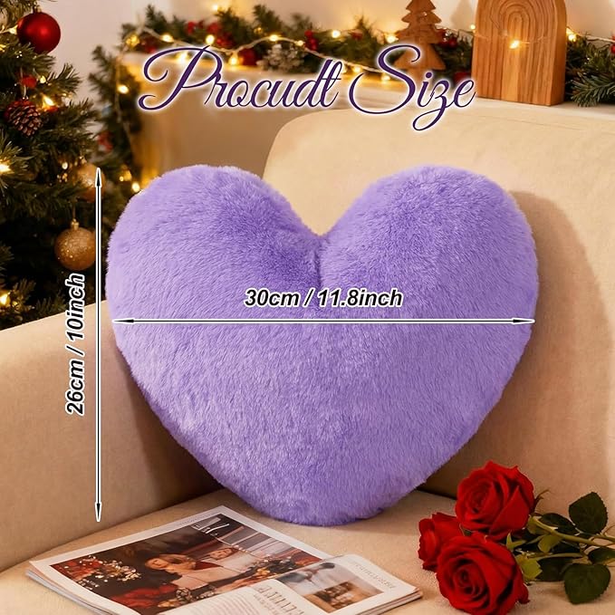 Nydotd Heart Pillows Cute Fuzzy Throw Pillow Purple Love Heart Shaped Decorate Pillows for Bed Livingroom Sofa Gifts Home Decor Cushion Small 11.8" x 10"