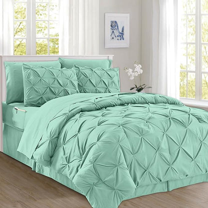 Elegant Comfort 8-Piece Pinch Pleated Comforter Set - All Season Complete Bed in a Bag, Includes 4pc Smart Sheet Set, Bed Skirt, Comforter, Matching Pillowcases and Shams, Twin/Twin XL, Mint Green