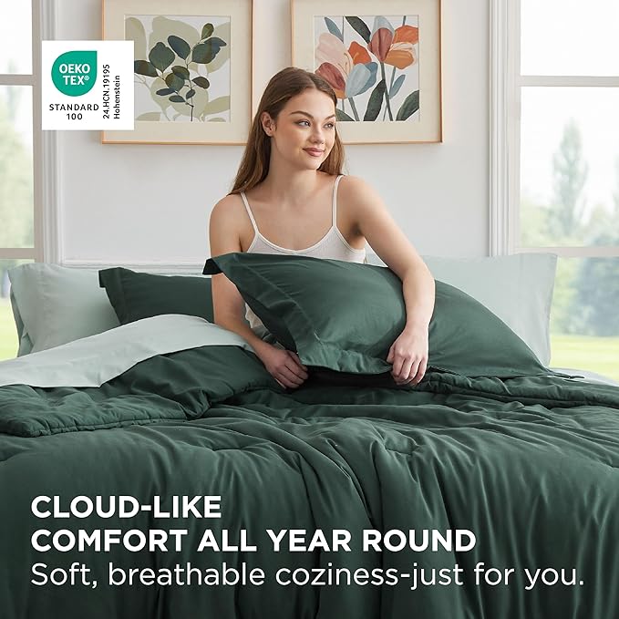 Bedsure Full Size Comforter Set - 7 Pieces Forest Green Full Bedding Set for All Seasons, Boho Contrasting Design Bed in a Bag with Comforter, Sheets, Pillowcases & Shams