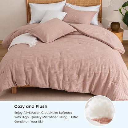 PHF Soft Waffle Comforter Set King Size- Comfy Breathable Waffle Weave Comforter with 2 Pillow Shams, 3 Pieces Less Snagging Lightweight Textured Bedding Set for All Season, Rose Pink