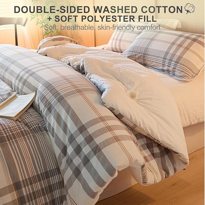 100% Cotton Comforter Set Queen Size – Reversible Yarn-Dyed Checkered Design, Soft Washed Cotton on Both Sides, Lightweight All-Season Bedding, Machine Washable(Grey White Plaid, 90”x90”)