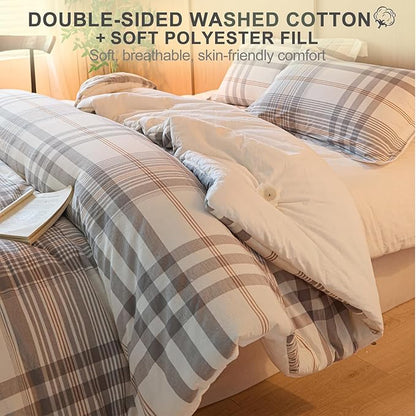100% Cotton Comforter Set Twin Size – Reversible Yarn-Dyed Checkered Design, Soft Washed Cotton on Both Sides, Lightweight All-Season Bedding, Machine Washable(Grey White Plaid, 68”x90”)