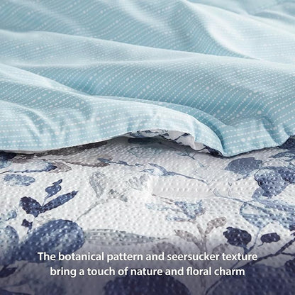 Lightweight Seersucker Botanical Queen Size Comforter Set, 3 Pieces Reversible Design Bed Comforter, Premium Microfiber Bedding Set, Comforter and Shams Set, Blue