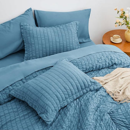 Love's cabin Seersucker Misty Blue Full Comforter Set, 7-Piece All Season Lightweight Bed in a Bag Bedding Set with Comforter, Flat Sheet, Fitted Sheet, Pillowcases and Shams | Soft, Breathable, Lightweight