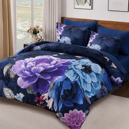 WONGS BEDDING Floral Comforter Set King Size, 7 Pieces Purple Bed in a Bag Comforter Bedding Set, Soft Microfiber for All Season with Pillowcases & Shams,Sheets(90"×104")
