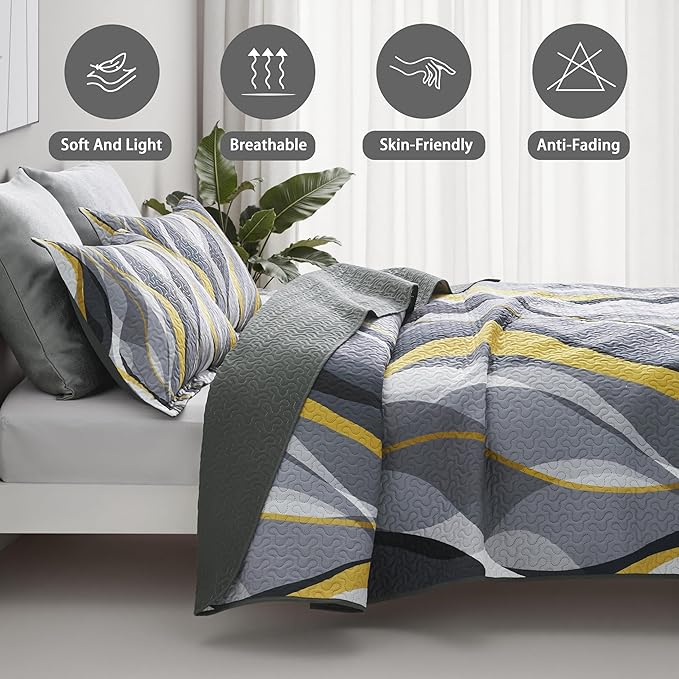 weesire Classic Line Pattern Bedding Quilt King Size Modern Grey Yellow and White Stripe Quilt with 2 Shams, Gray and Yellow Comforter Sets Lightweight Breathable Bedspreads Coverlet, 96''x106''