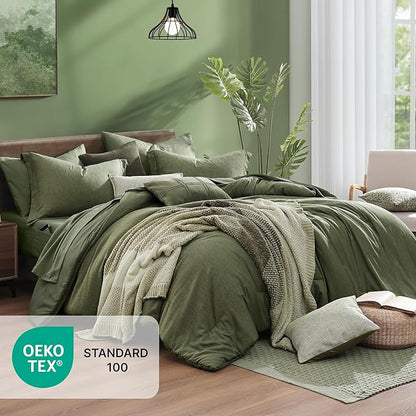 Monbix California King Comforter Set - 7 Pieces Cationic Dyeing Olive Green Bed in a Bag Cal King Bedding Sets with Comforter, Sheets, Pillowcases & Shams, Reversible Bedding Comforters Sets