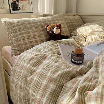 mixinni Twin XL Comforter Set, Green Buffalo Plaid Bedding Set 3-Piece, Vintage Geometric Pattern, Lightweight & Fluffy Comforter, Soft Breathable Grid Bed Set for All-Season,(Green, Pink, White)