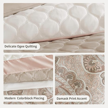 510 DESIGN Luxe Quilted Comforter Set Modern Transitional Design, All Season Down Alternative Warm Bedding Matching Shams, Bedskirt, Decorative Pillow, King, Shawnee Scrollwork Blush